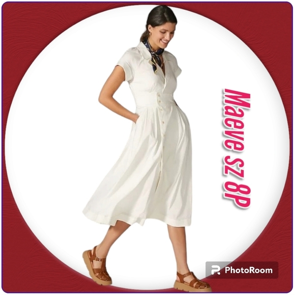 MAEVE by Anthropology Woman Dress POPLIN Collared MIDI Off White Shirtdress - Picture 1 of 12